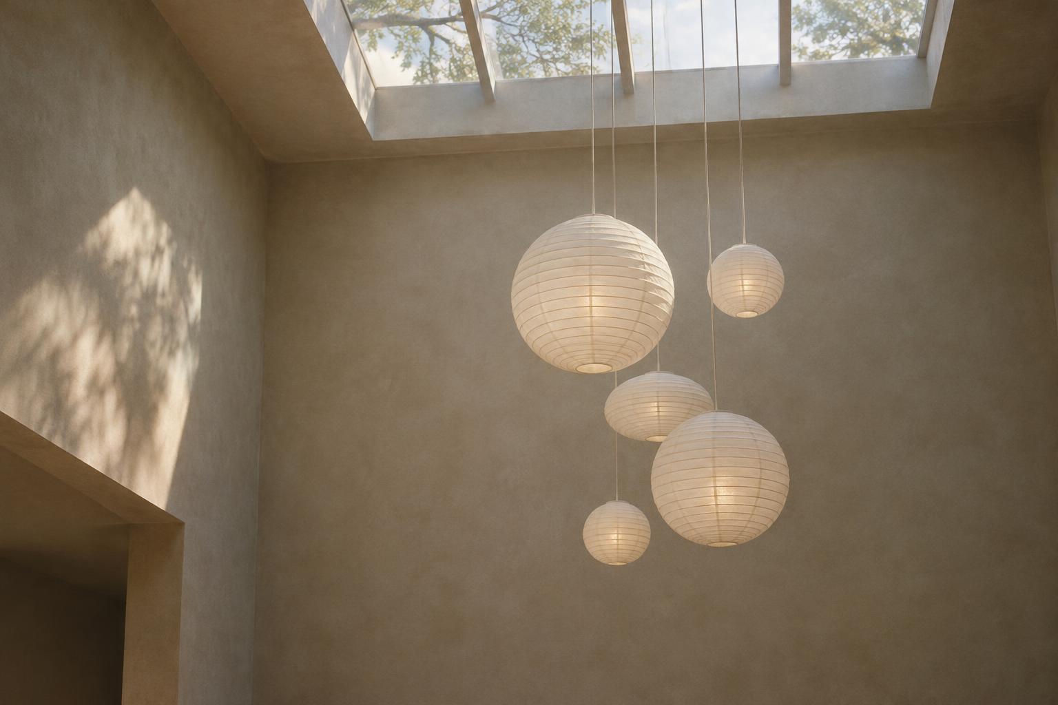 White paper lanterns glowing under a skylight
