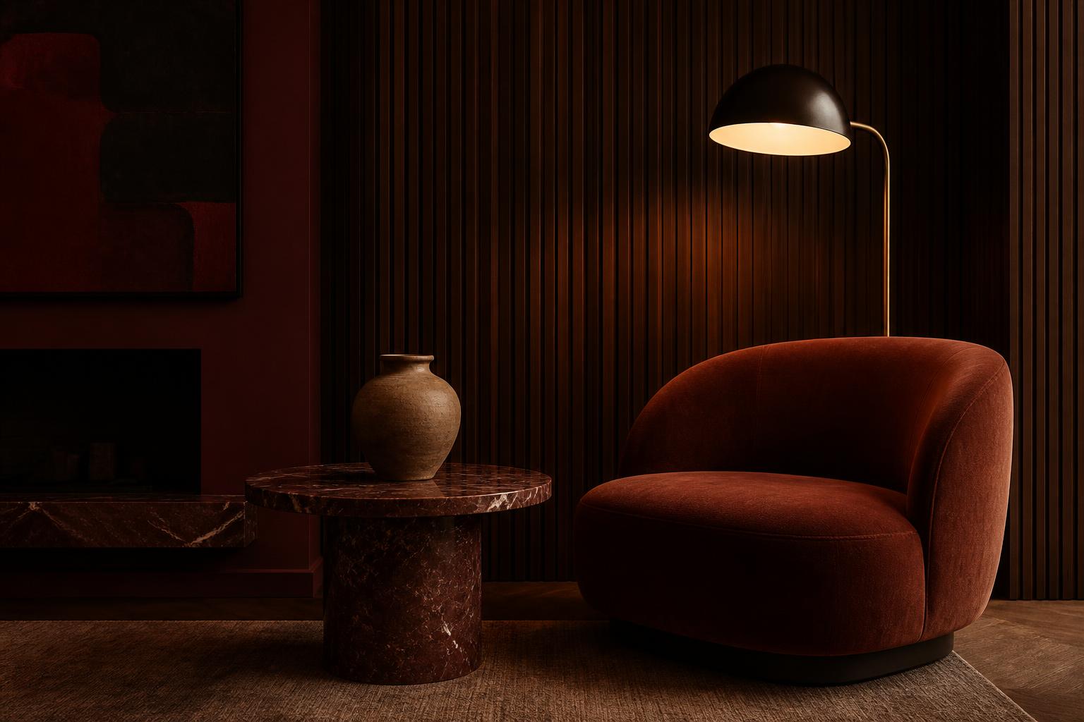 A soft lamp lit beside an armchair