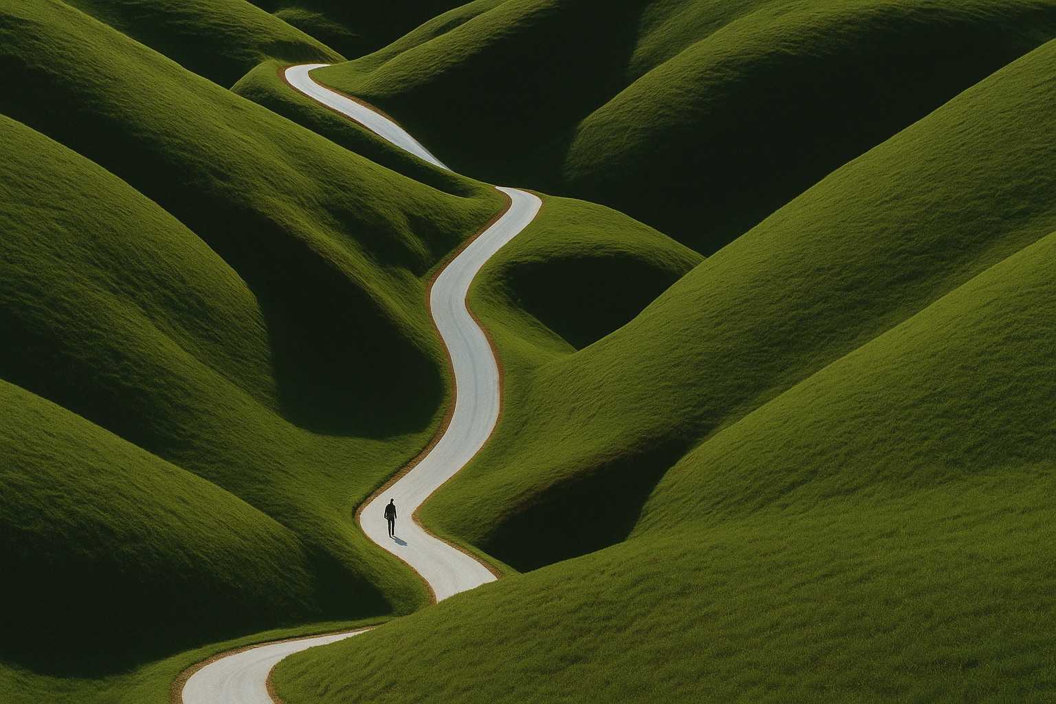 A narrow pale path winding through deep rolling green hills, with a single distant walker following its curve.